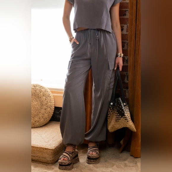 #631 🛑45 M Boho Fabulous High Waist Drawstring Cargo Pants - Picture 1 of 13